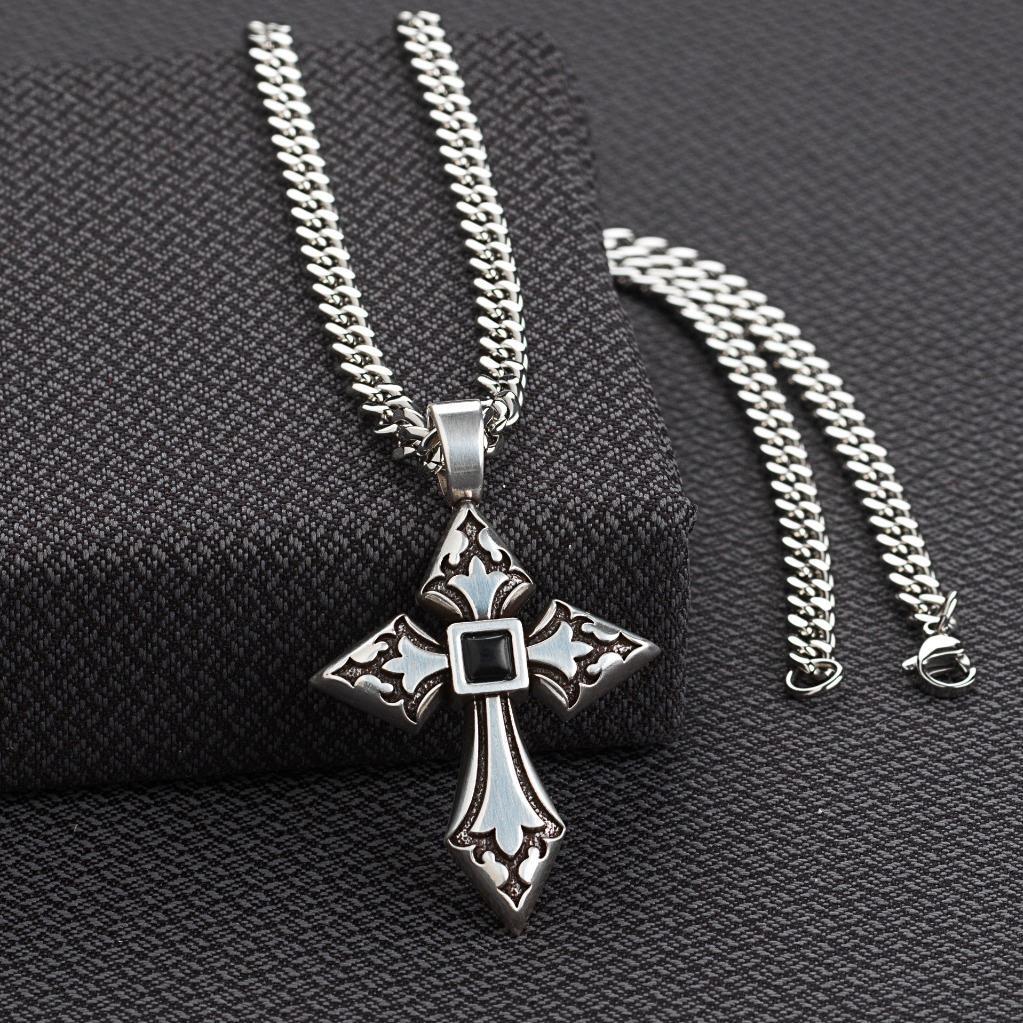 Twister Engrave Cross Pendant Black Stone Necklace