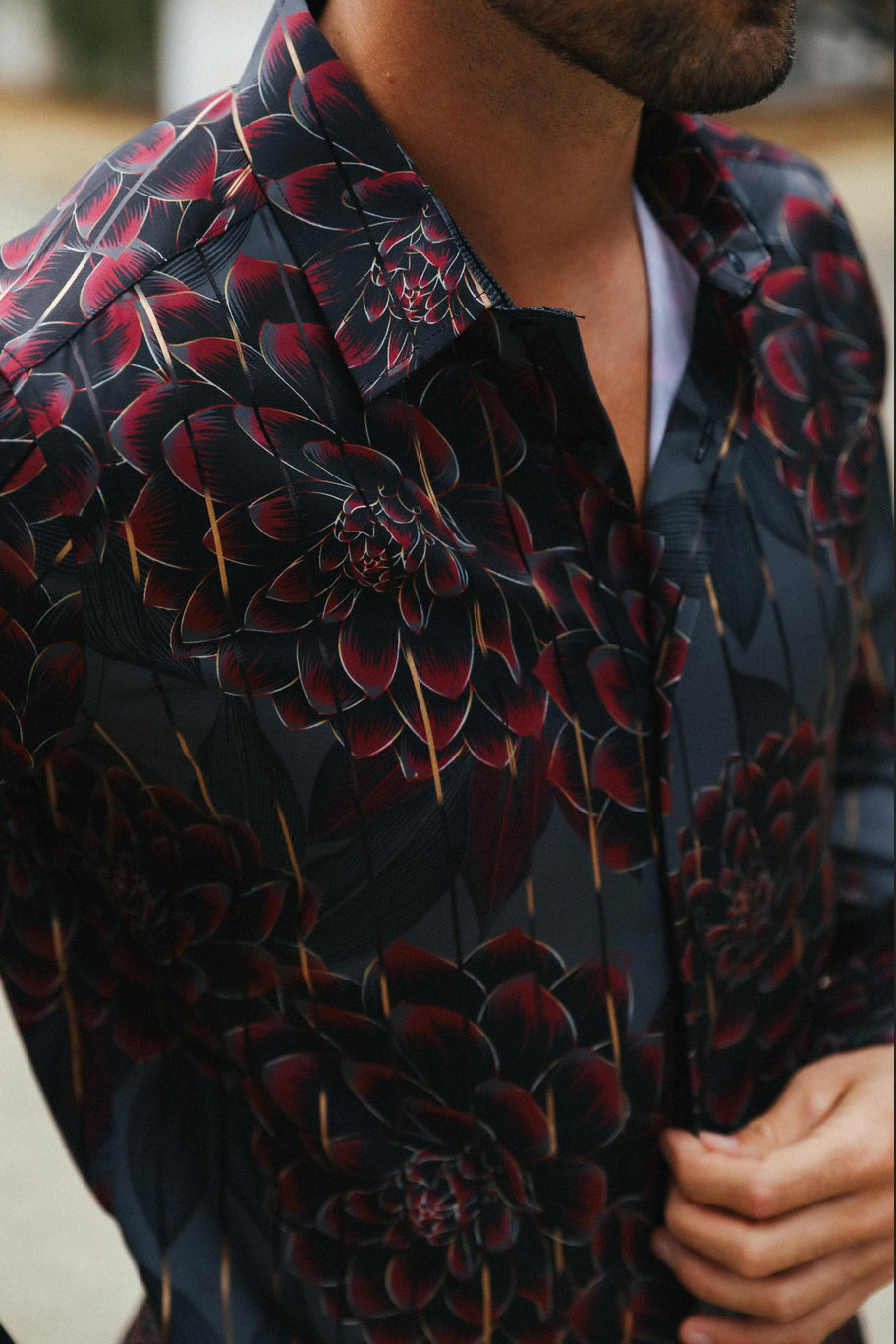 Platini Mens Modern Fit Stretch Floral Print Shirt (Black)