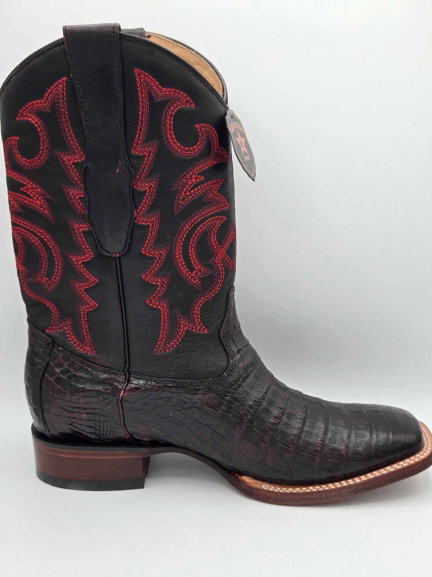 Los Altos Mens Caiman Belly Wide Square Toe - Black Cherry