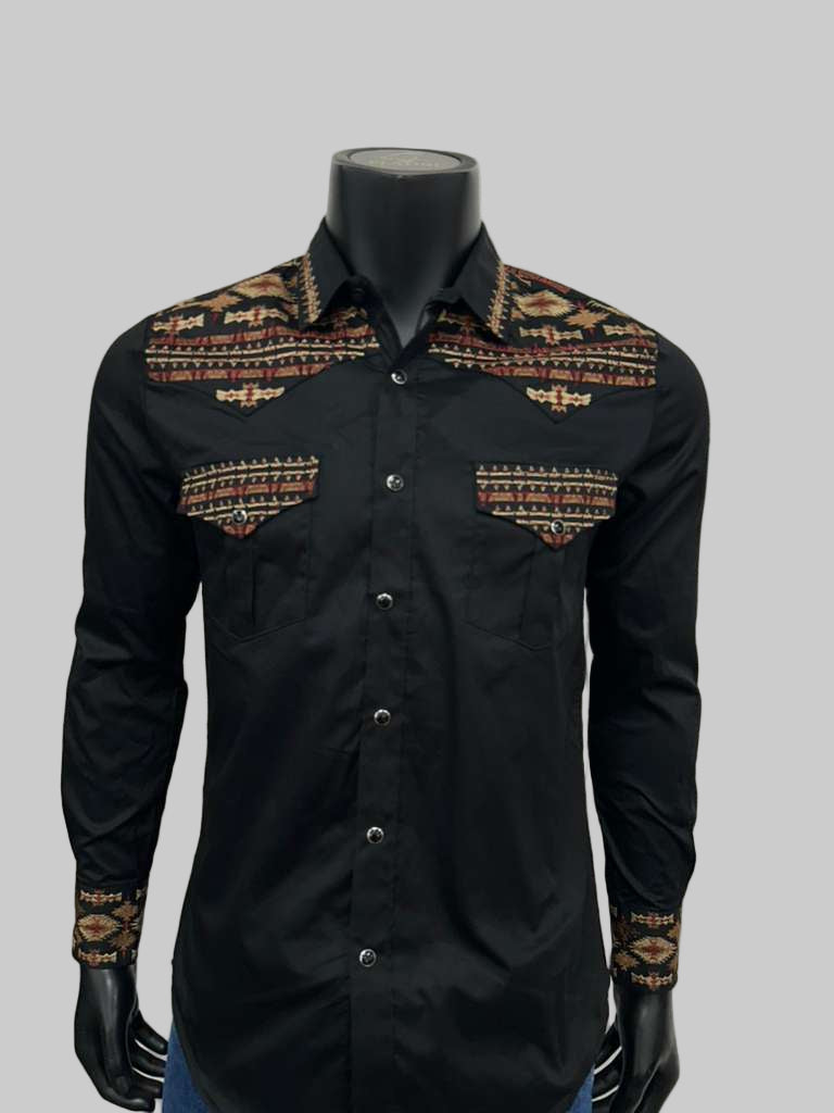 Lamasini Mens Aztec Style Embroidery Long Sleeve Shirt - Black, Navy, White, Olive