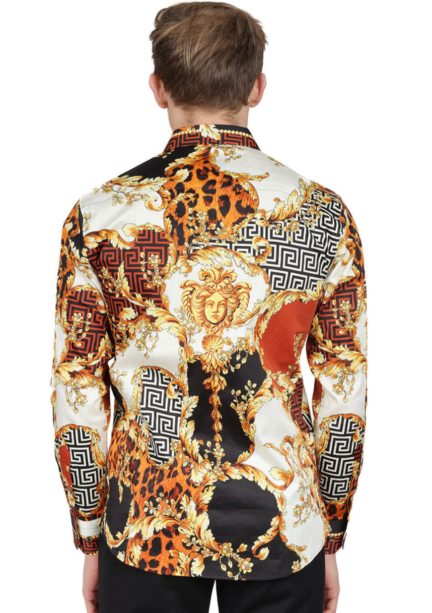 Barabas Mens Leapard Baroque Long Sleeve Shirt (Saddle)