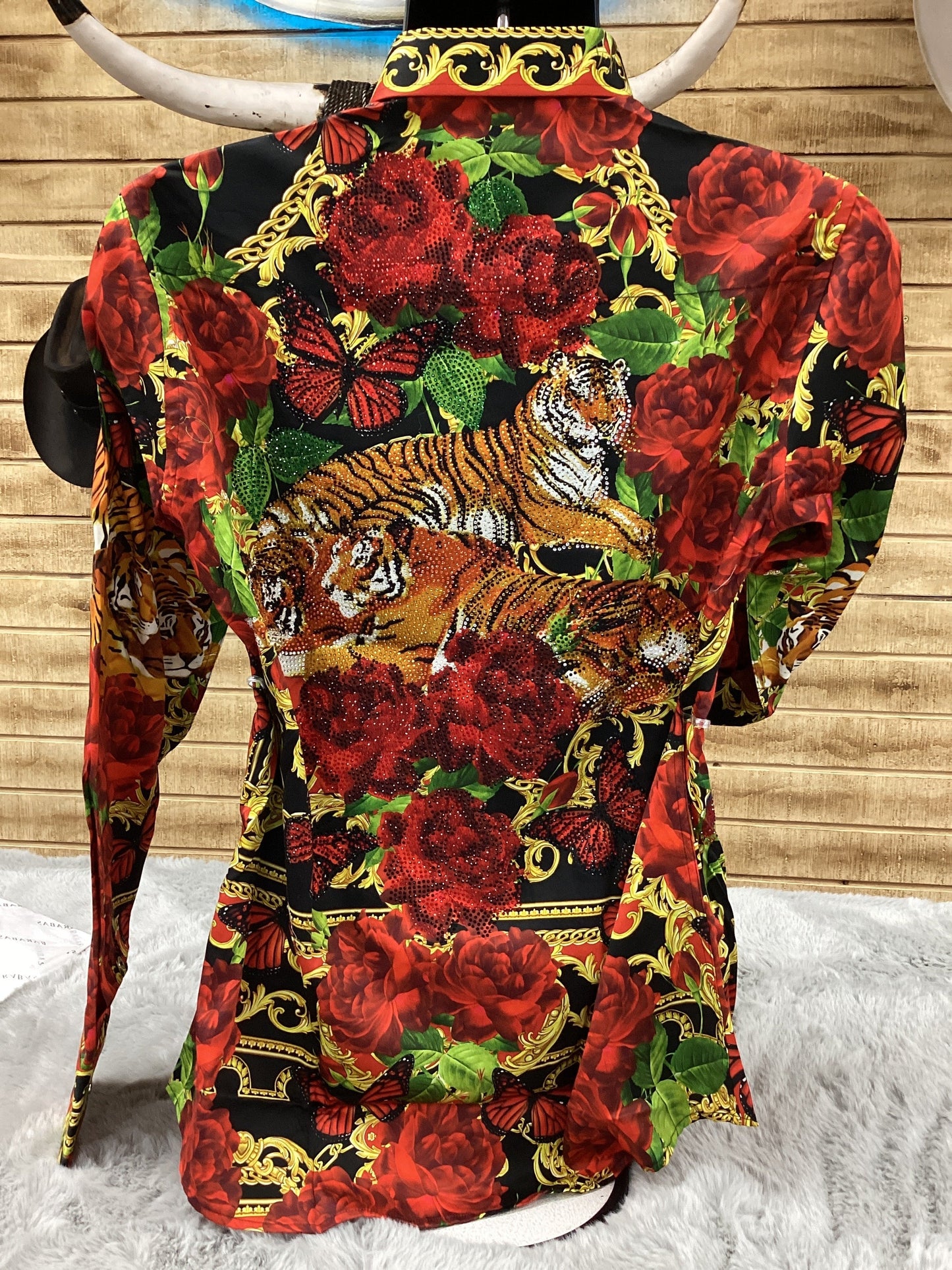 Barabas MenS Shirt Tiger and Butterfly Rhinestone