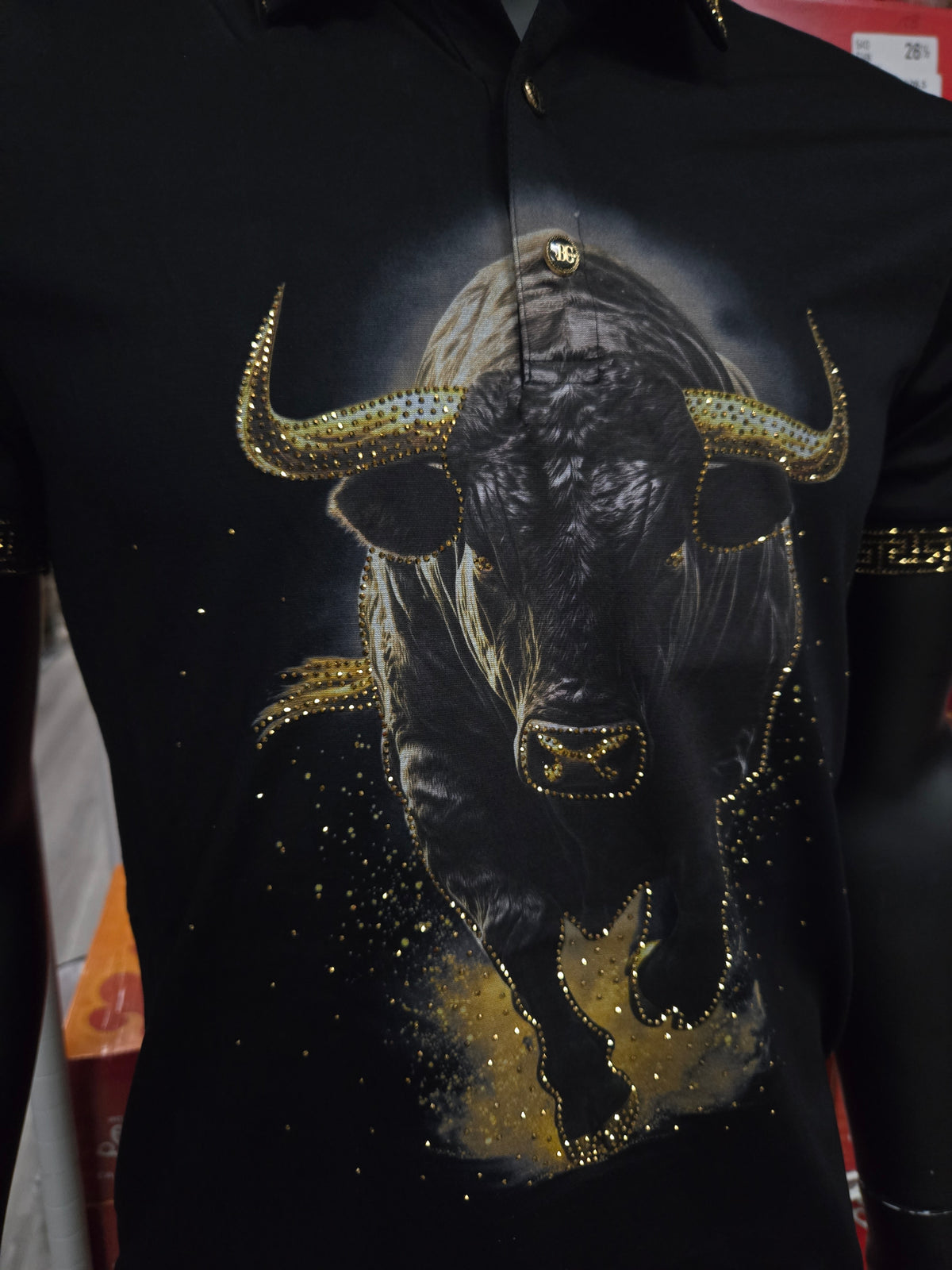 Mens Bull Rhinesatone Polo Shirt - Black