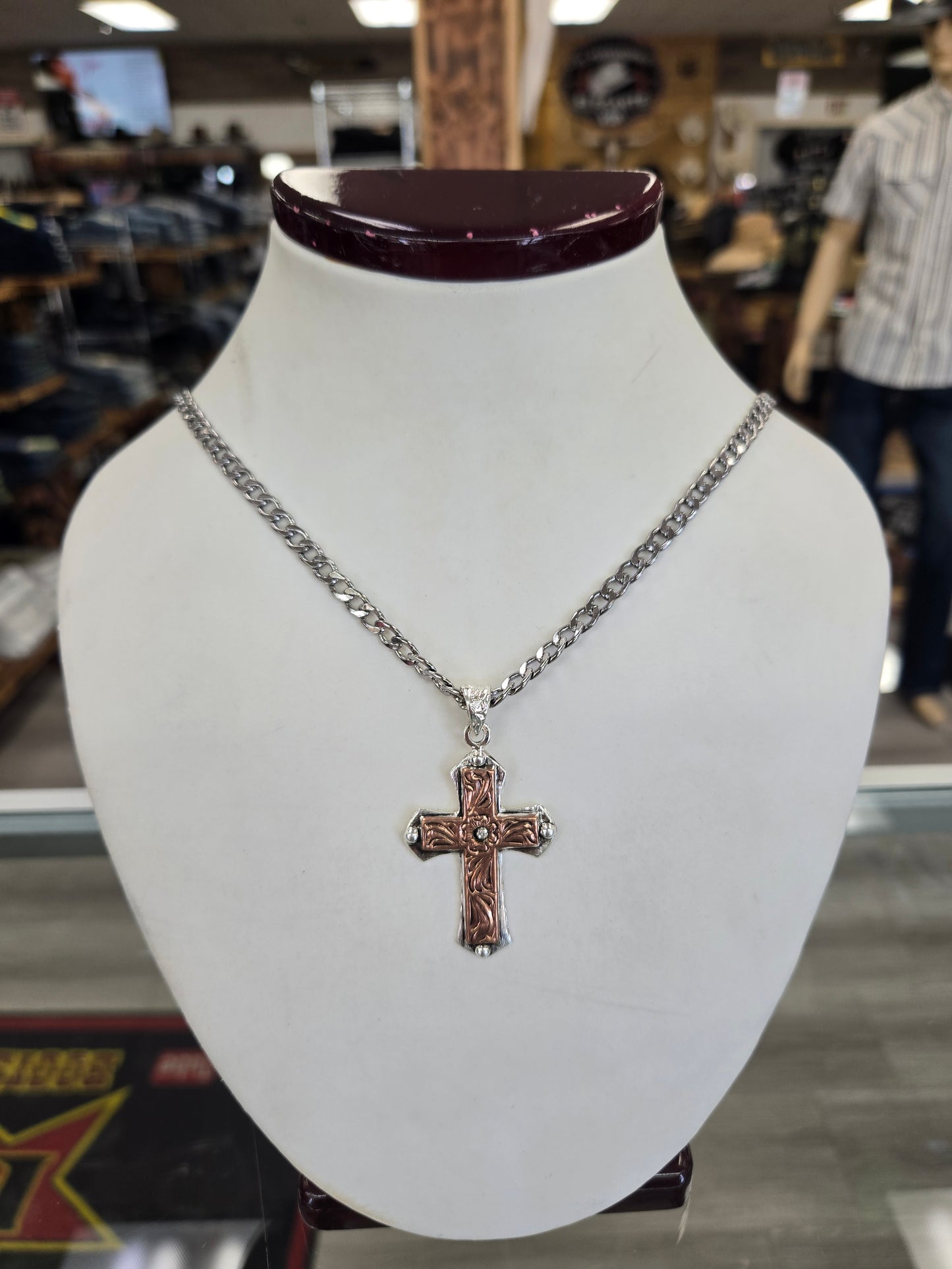 Silver Strike Rose Gold Flower Engraved Cross