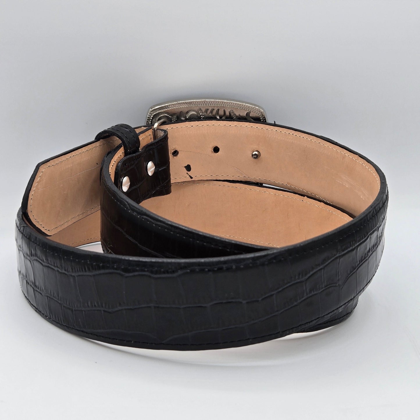 Denver Faux Caiman Print Rectangle Buckle Belt - Black