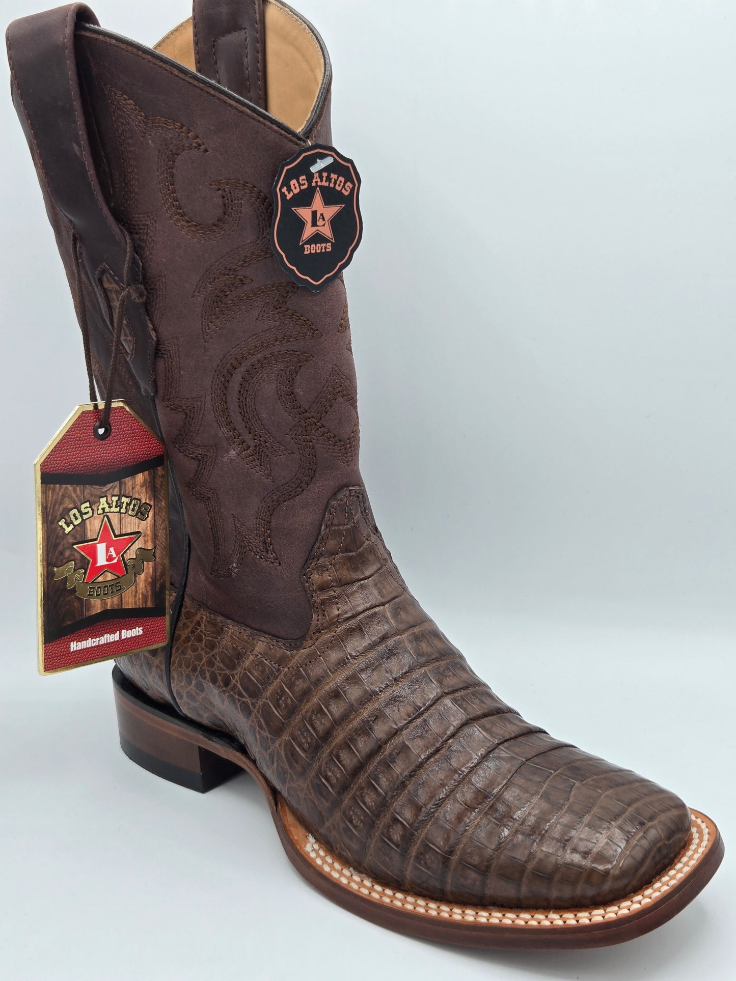 Los Altos Mens Caiman Belly Wide Square Toe -Brown
