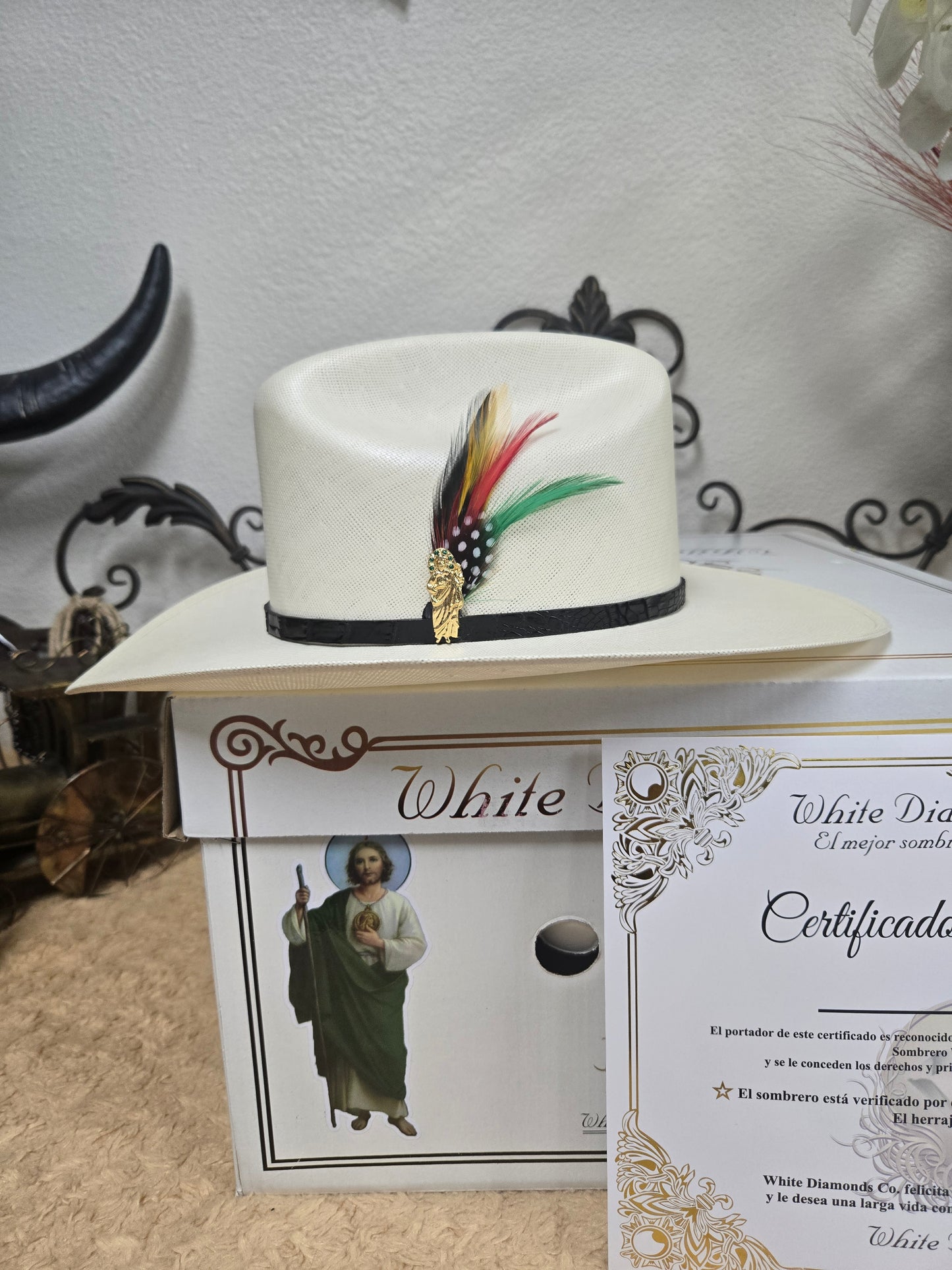 White Diamond 100,000X Sinaloa San Judas Chapa de Oro Sombrero Fino