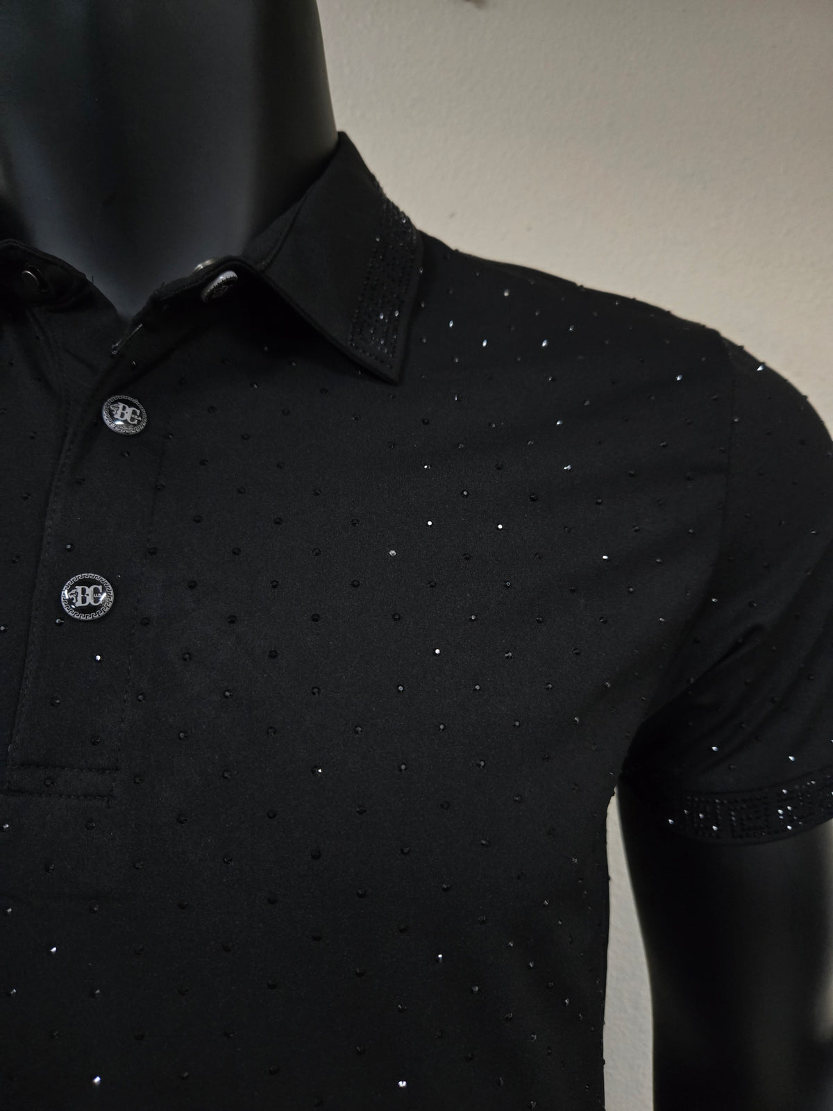 Mens Shadow Rhinestone Polo Shirt - Black
