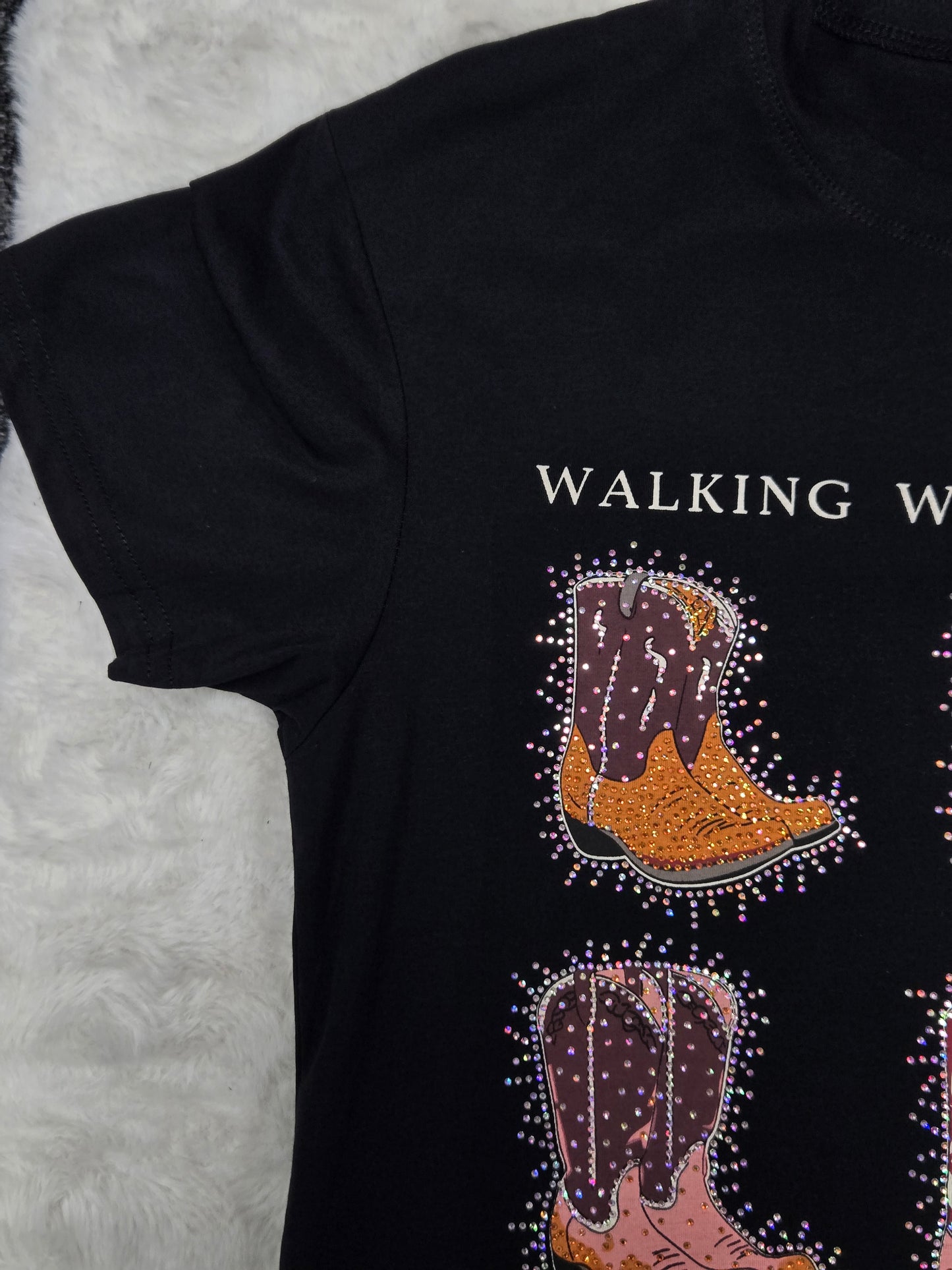 Womens Rhinestone Boots Walking with My Freedom TShirt