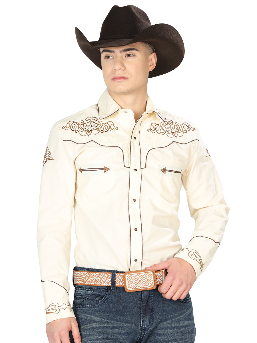 El General Mens Embroidery Western Shirt (Beige/Gold) 40986