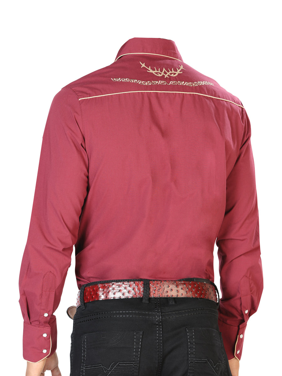 El General Mens Embroidery Western Shirt - Burgandy/Gold