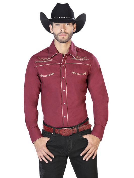 El General Mens Embroidery Western Shirt - Burgandy/Gold