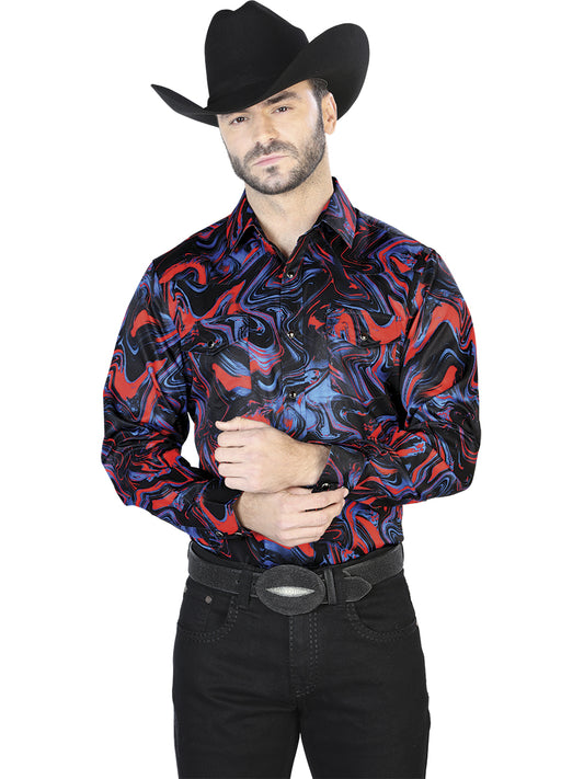 Senor De Los Cielos Mens Swirl Print Casual Long Sleeve Shirt - Blue/Red
