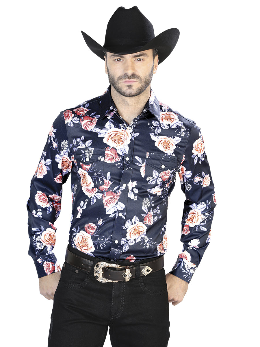 Senor de Los Cielos Mens Roses Casual Long Sleeve Shirt - Blue