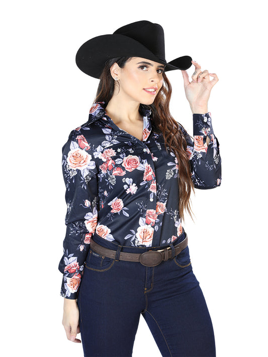Senor de Los Cielos Womens Rose Print Long Sleeve Shirt - Blue