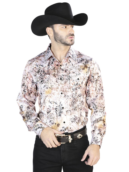 Senor De Los Cielos Mens Casual Long Sleeve Shirt (White And Brown)