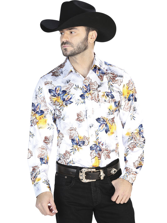 Senor De Los Cielos Mens Flower Print Casual Long Sleeve Shirt (White)