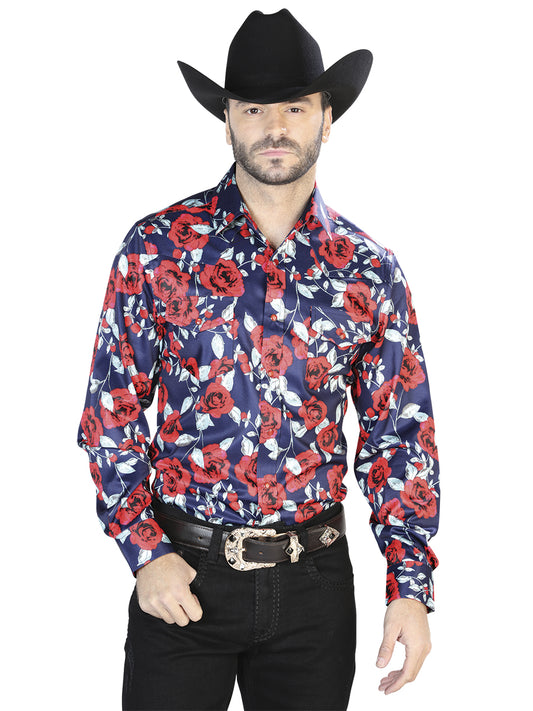 Senor De Los Cielos Mens Rose Print Casual Long Sleeve Shirt (Blue)