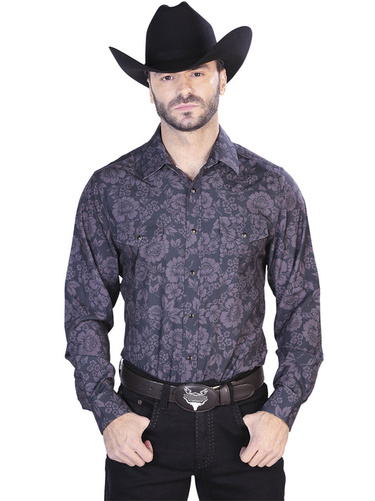 Senor De Los Cielos Mens Floral Print Casual Long Sleeve Shirt (Gray)
