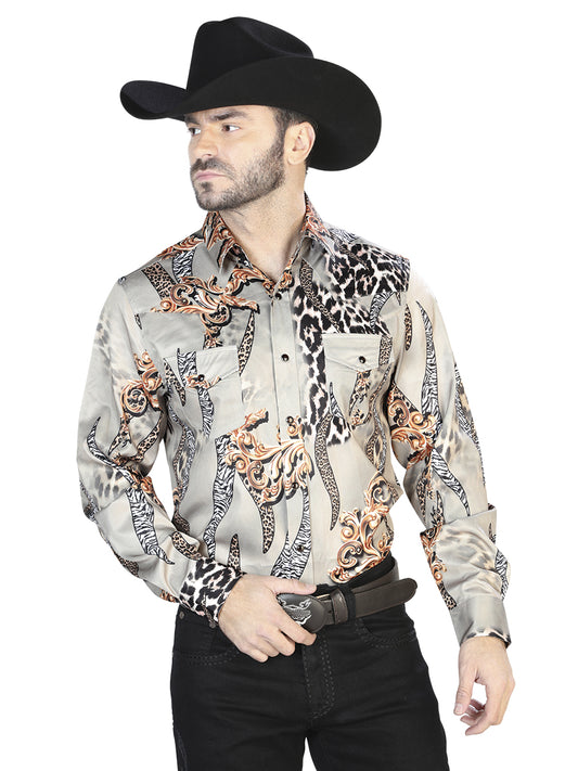 Senor De Los Cielos Mens Cheetah Print Casual Long Sleeve Shirt (Taupe)