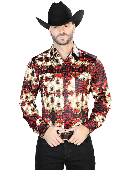 Senor De Los Cielos Mens Tiger Print Casual Long Sleeve Shirt (Burgundy)