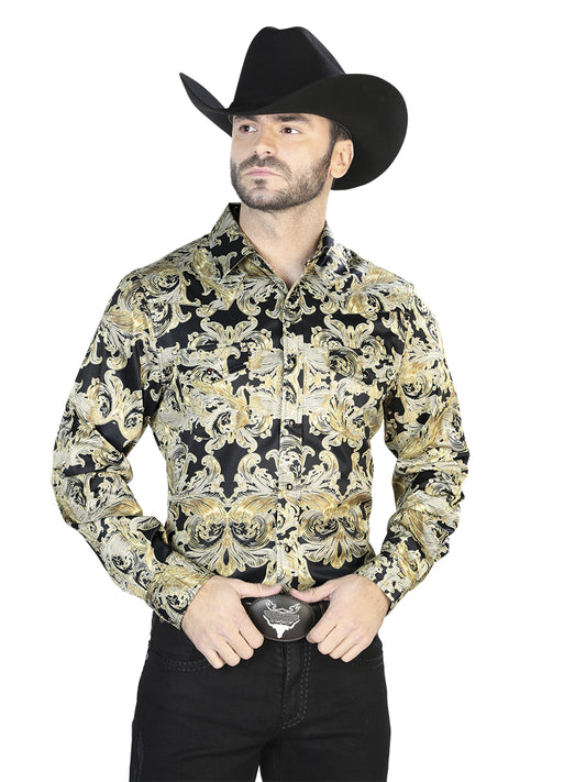 Senor De Los Cielos Mens Gold Print Casual Long Sleeve Shirt(Black)