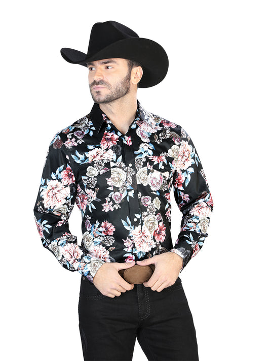 Senor De Los Cielos Mens Roses Print Casual Long Sleeve Shirt (Black)