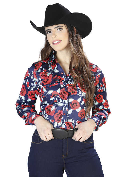 Senor De los Cielos Rose Print Long Sleeve Shirt (Blue)