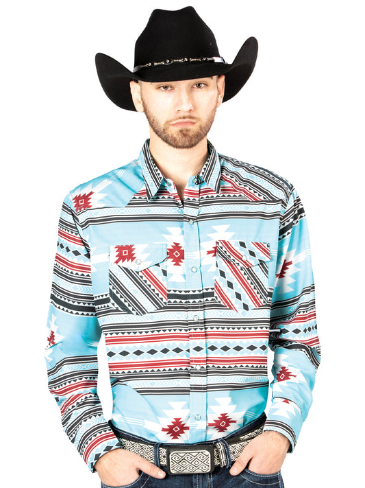 Senor De Los Cielos Aztec Print Casual Long Sleeve Shirt (Blue)