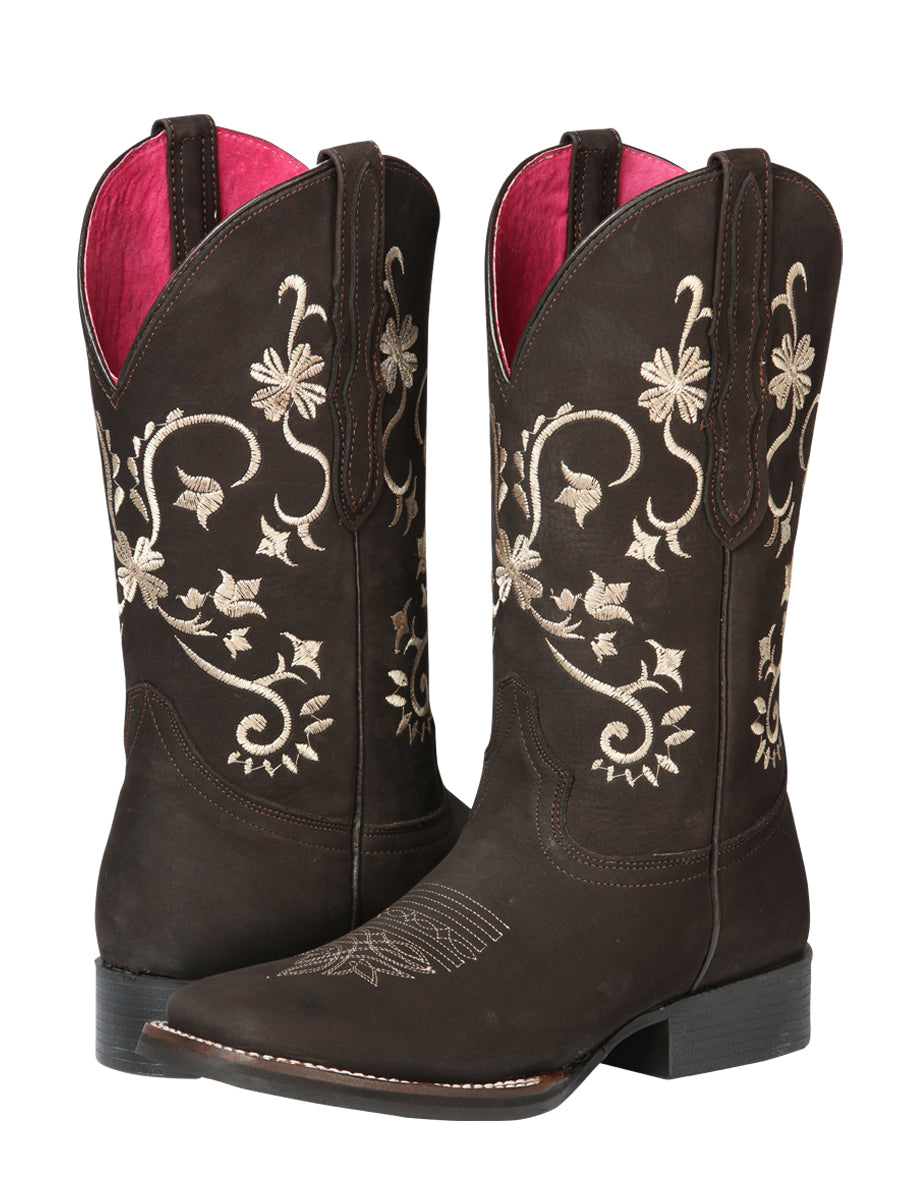 El Geneal Womens Embroidered Flower Rodeo Boot Nobuck - Chocolate 44642