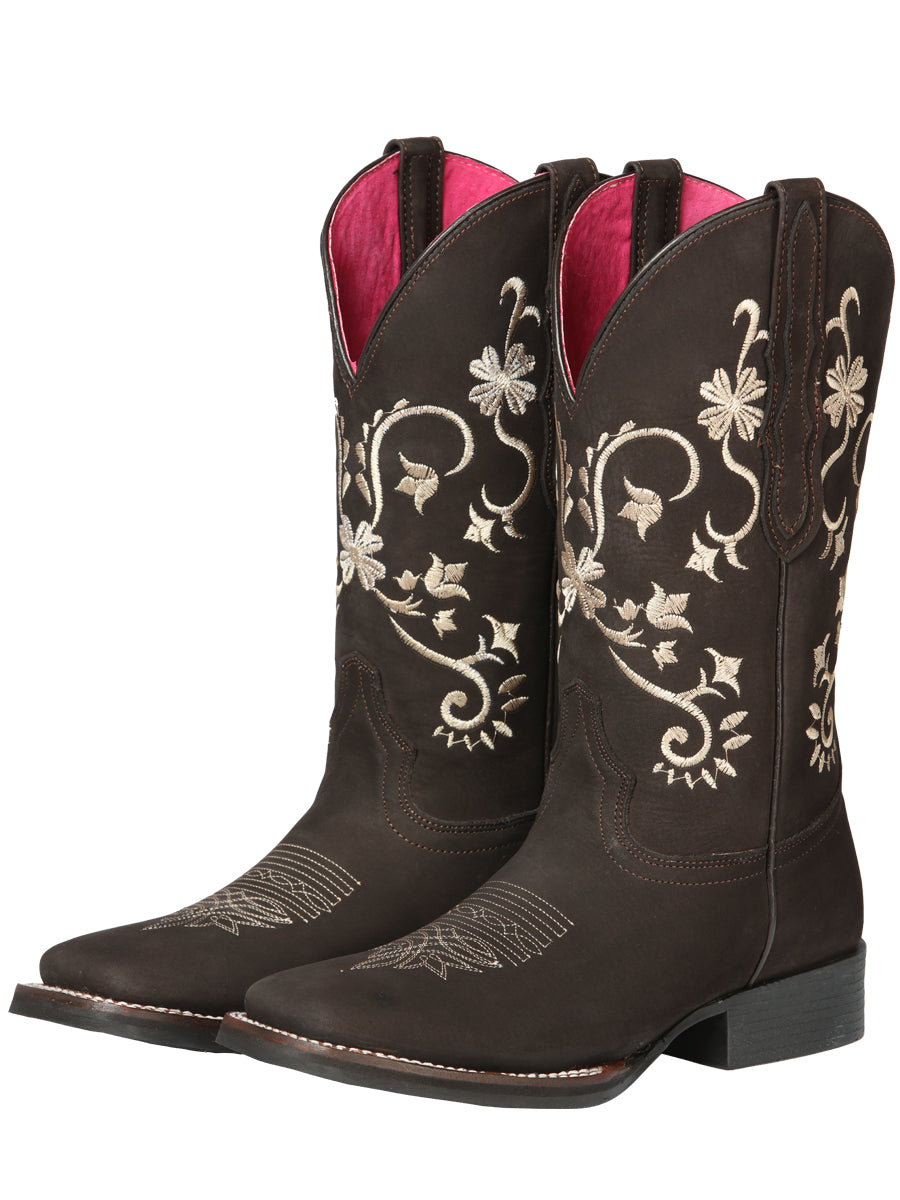 El Geneal Womens Embroidered Flower Rodeo Boot Nobuck - Chocolate 44642