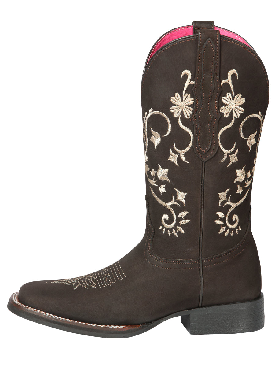 El Geneal Womens Embroidered Flower Rodeo Boot Nobuck - Chocolate 44642