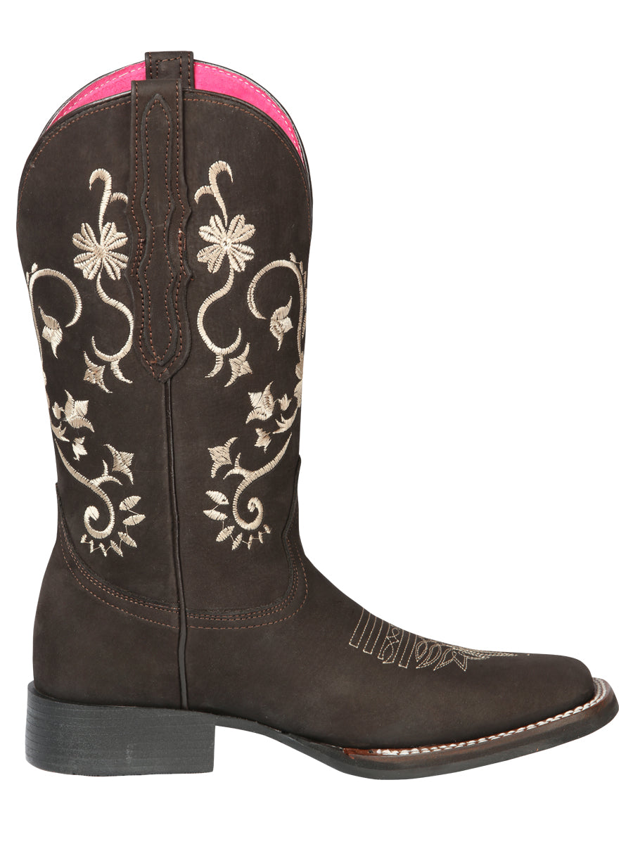 El Geneal Womens Embroidered Flower Rodeo Boot Nobuck - Chocolate 44642