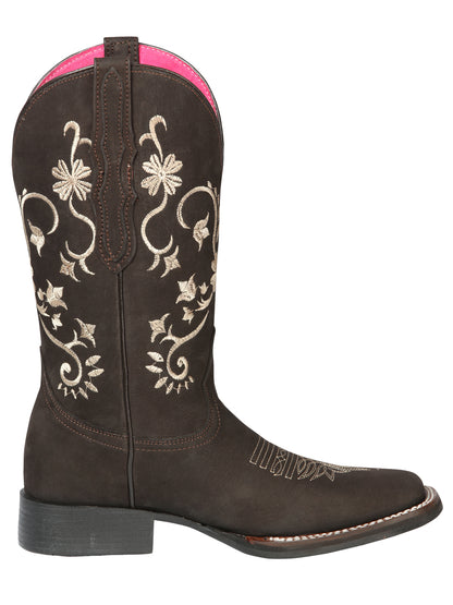 El Geneal Womens Embroidered Flower Rodeo Boot Nobuck - Chocolate 44642
