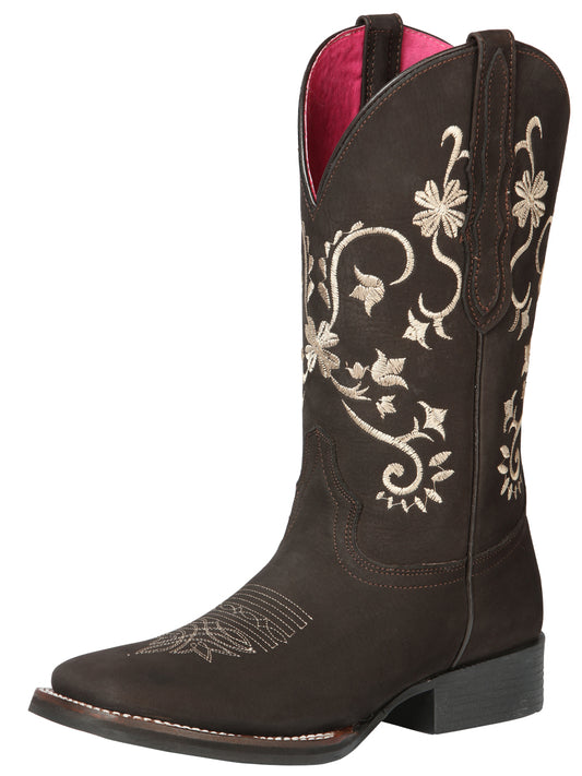 El Geneal Womens Embroidered Flower Rodeo Boot Nobuck - Chocolate 44642