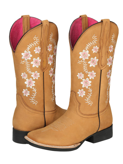 El Geneal Pink Flower Embroider Rodeo Boot Nobuck - Peach 44644