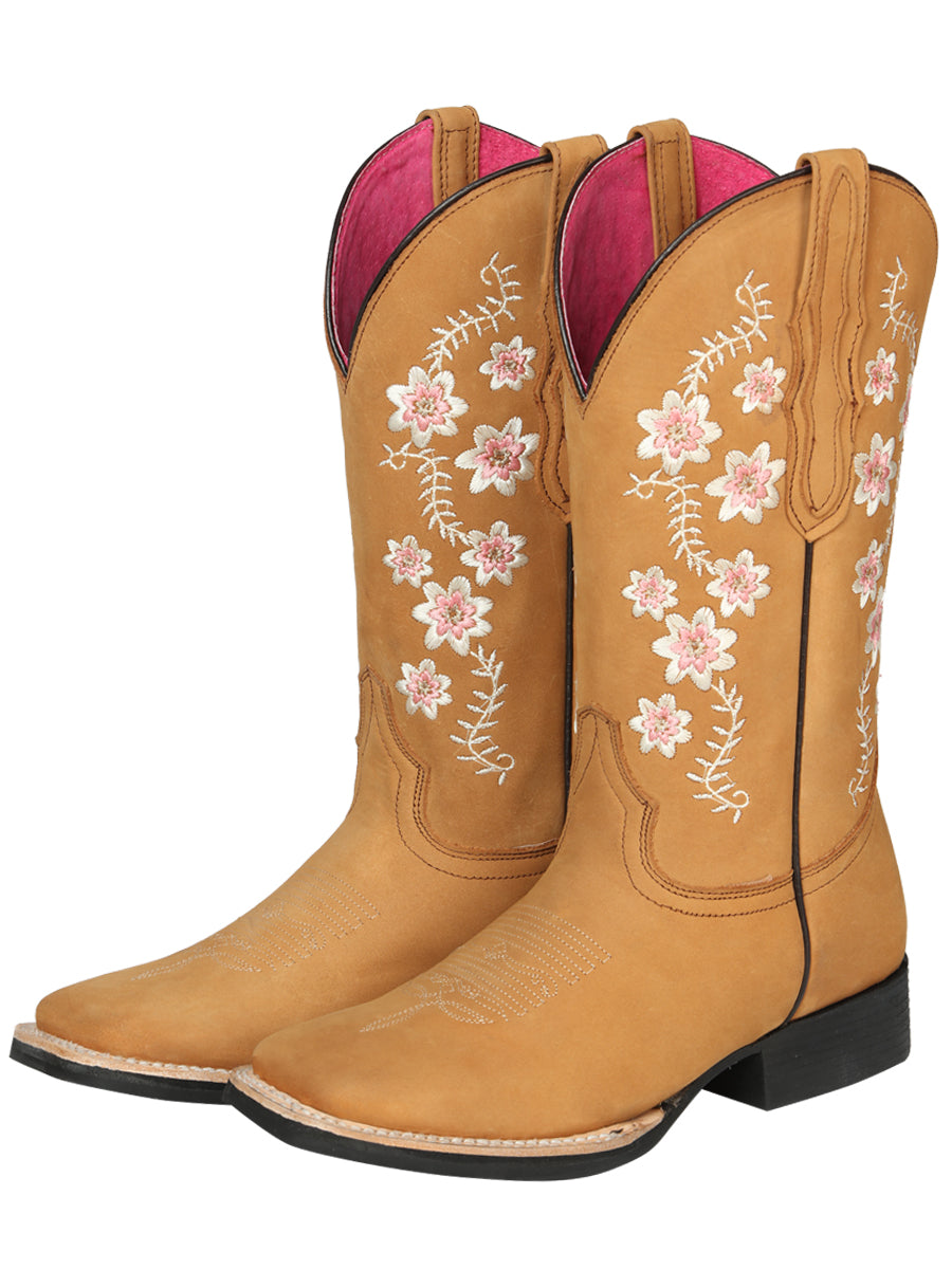 El Geneal Pink Flower Embroider Rodeo Boot Nobuck - Peach 44644