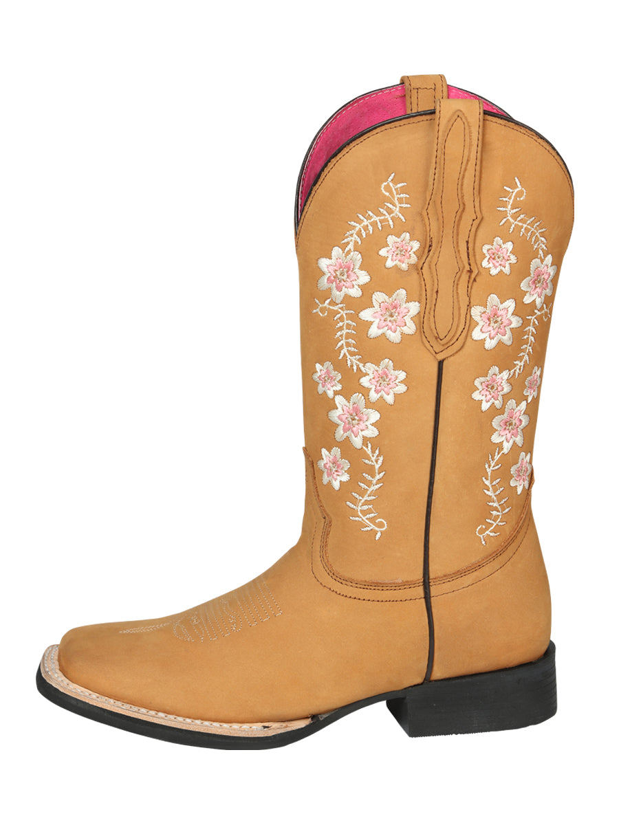 El Geneal Pink Flower Embroider Rodeo Boot Nobuck - Peach 44644