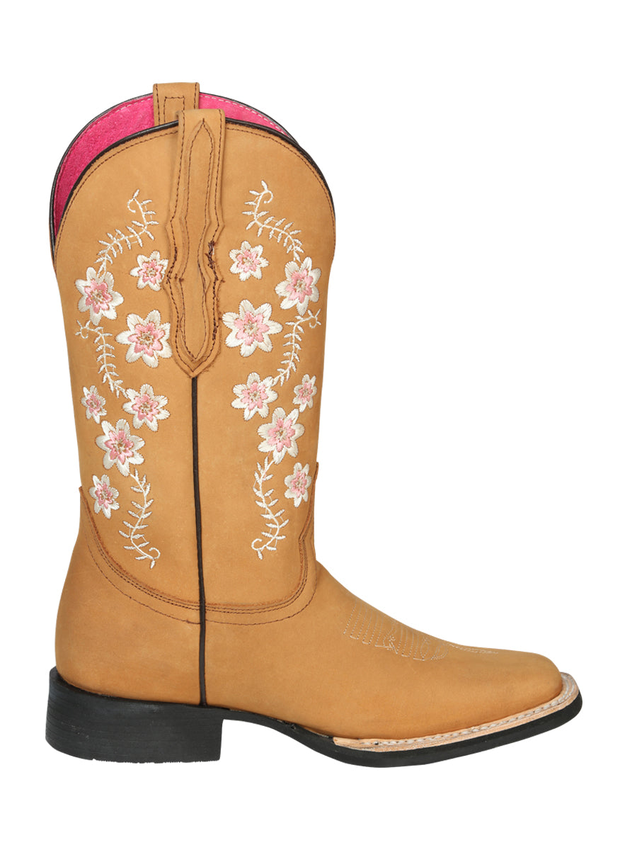 El Geneal Pink Flower Embroider Rodeo Boot Nobuck - Peach 44644