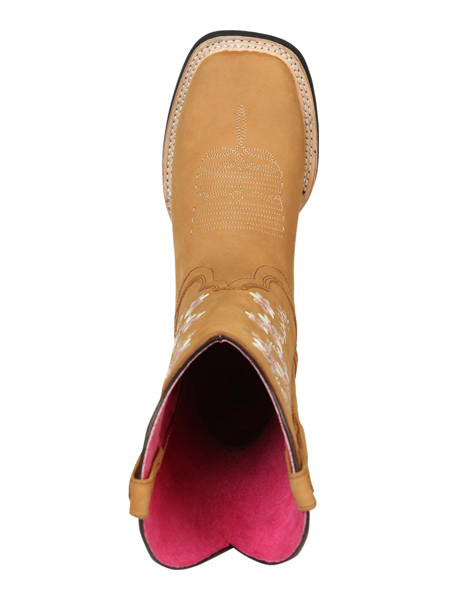 El Geneal Pink Flower Embroider Rodeo Boot Nobuck - Peach 44644