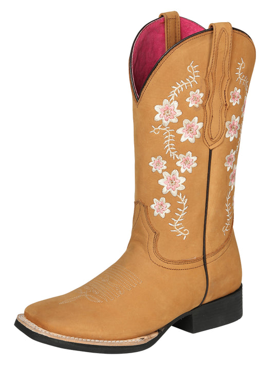 El Geneal Pink Flower Embroider Rodeo Boot Nobuck - Peach 44644