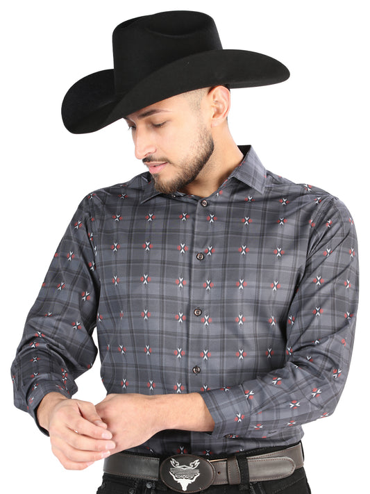 El General Mens Casual Long Sleeve Shirt (Gray/Brown )