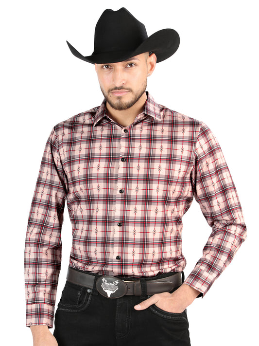 El General Mens Casual Long-Sleeve Shirt (Beige/Red)
