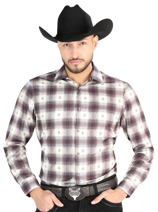 El General Mens Casual Long Sleeve Shirt - Beige/Burgundy