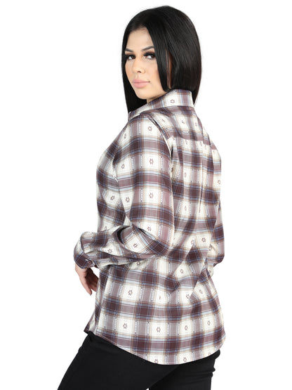 El General Womens Casual Long-Sleeve Shirt  (Beige/Burgandy)