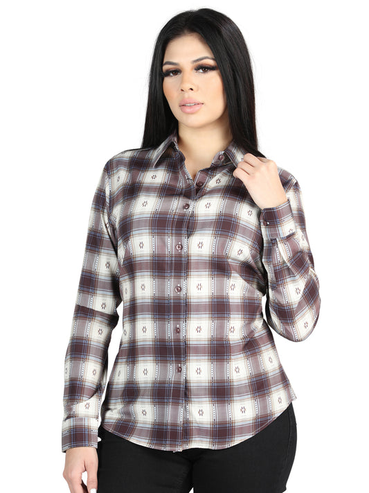 El General Womens Casual Long-Sleeve Shirt  (Beige/Burgandy)
