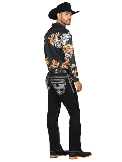 Centenario Mens Bootcut Denim Jeans with White/Gray Embroidered Details - Black