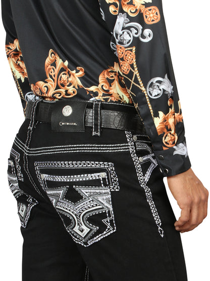 Centenario Mens Bootcut Denim Jeans with White/Gray Embroidered Details - Black