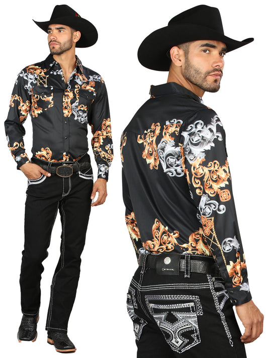 Centenario Mens Bootcut Denim Jeans with White/Gray Embroidered Details - Black