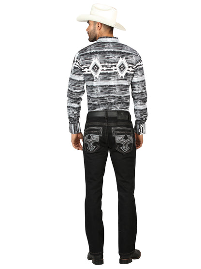 Centenario Mens Bootcut Cut Denim Jeans with Gray Embroidered Details - Black